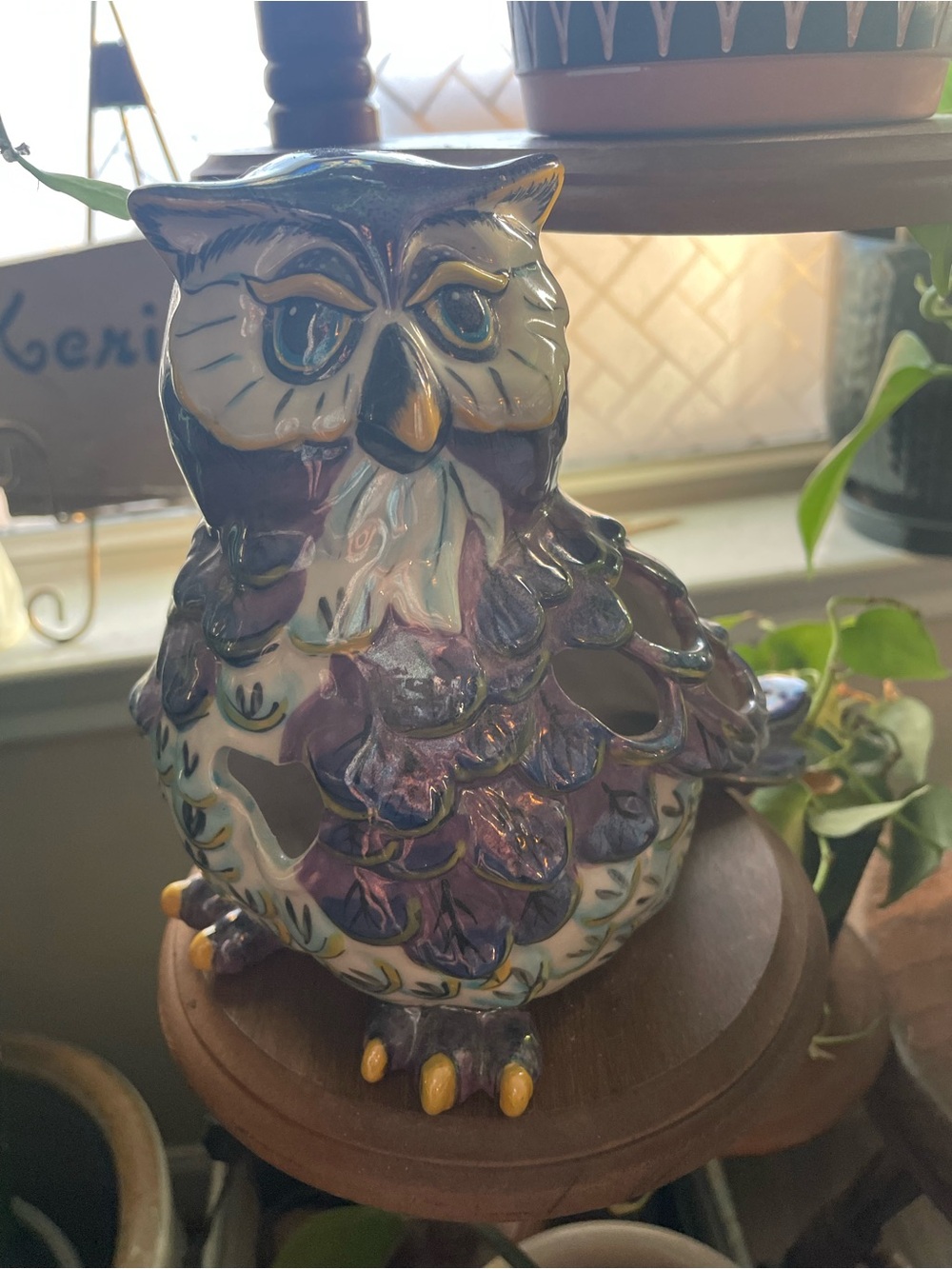 Purple Ceramic Owl Figurine Decorative lamp